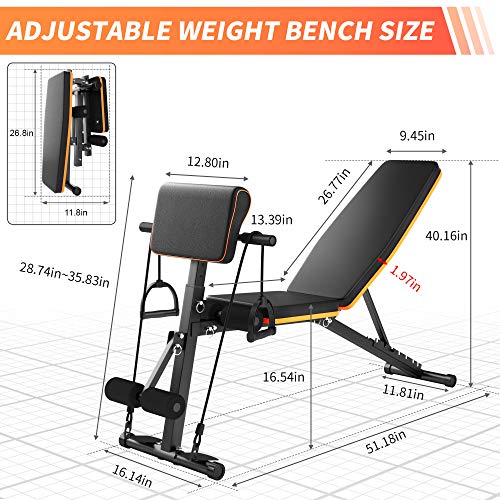 Adjustable Weight Bench Press, Foldable Workout Bench Sit Up Incline, Multi-Purpose Bench, Training Bench for Home Gym Foldable Flat/Incline/Decline FID Bench Press for Full Body Workout