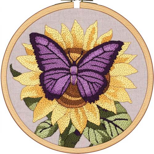 Image of DIY Punch Needle Kits Butterfly on Sunflower with Hoop 20x20cm-2 | with Pattern Stamped Easy for Beginners Embroidery Punch Needle Starter Craft Set for Adults Festival Gift and Decoration