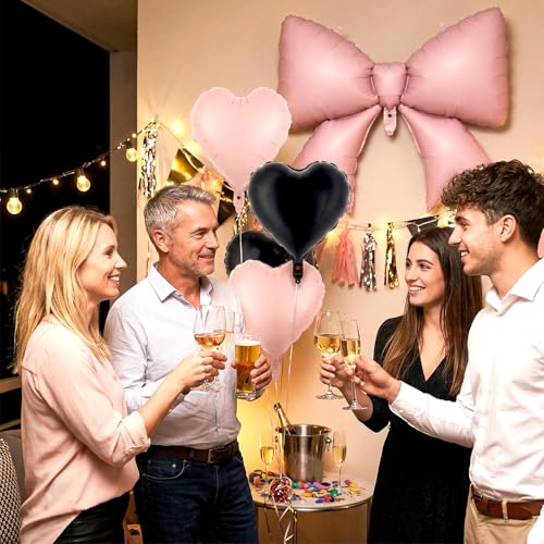 Image of 12 Pcs 18 Inch Heart Balloons and 38 Inch Bow Balloons, Large Foil Bow Heart Balloon Bow Party Decorations for Birthday Baby Shower Valentines Wedding Party