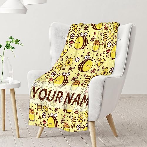 Personalized Bee Blanket Gifts, 60"x80" Cute Throw for Women Girls, Soft Cozy Warm Flannel Blanket for Sofa Bed