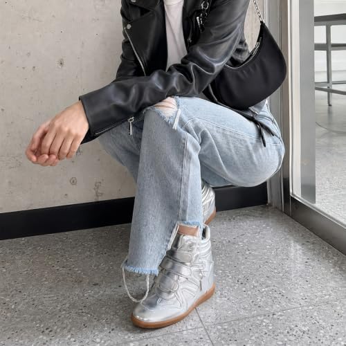 Image of Dsevht Hidden Wedge Sneakers for Women High Top Fashion Sneaker Suede High Heel Platform Tennis Triple Strappy Band Casual Vintage Dressy Comfy Campus Trendy Retro Sneaker