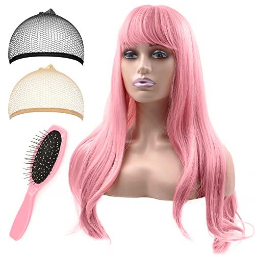 Synthetic Lace Front Wig，Scettar Long Wavy Pink Wigs with bangs，Natural Looking No Strange Smell Wigs with Hairnets and