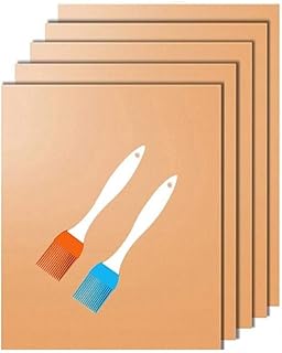 Grill Mat Copper BBQ Grill Mat Baking Mat Set of 5 Non-Stick Reusable Copper Cooking Sheets for Gas Grills BBQ Cooking Baking Charcoal Outdoor Grill with 2 Silicone BBQ Brushes, Gold