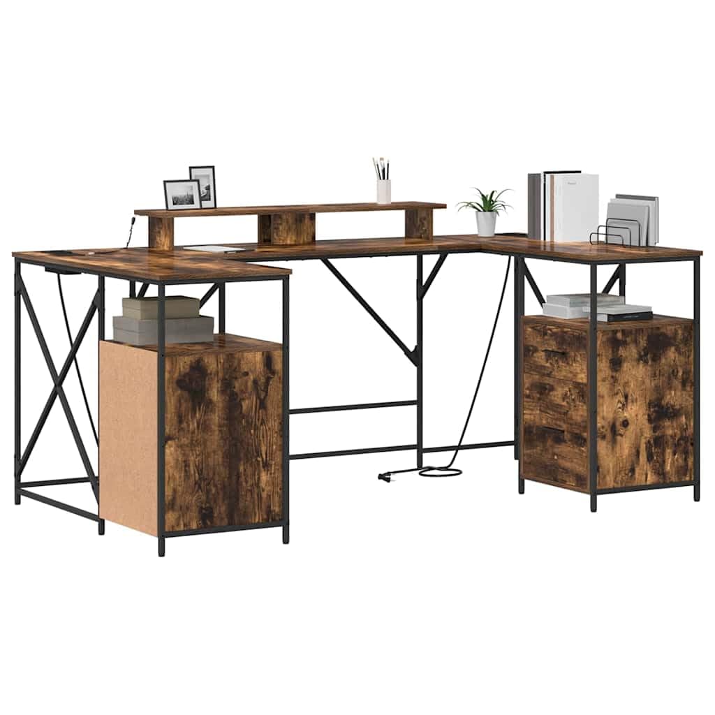 Scrivania affumicatura 182 x 101 x 87,5 cm, materiale in legno, con spazio di archiviazione, illuminazione a LED, gestione cavi, per casa, ufficio, design moderno