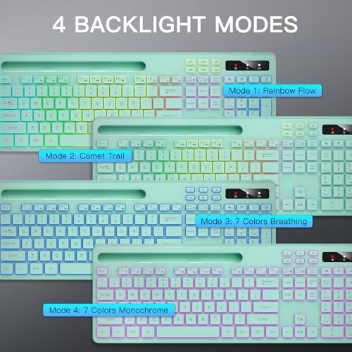 Image of Wireless Keyboard with 7-Color RGB Backlit, Soueto Full-Size Computer Keyboard with Phone Tablet Holder, 2.4G Rechargeable Gaming Keyboard with Light Up Keys, Compatible with Mac, Windows (Mint Green)
