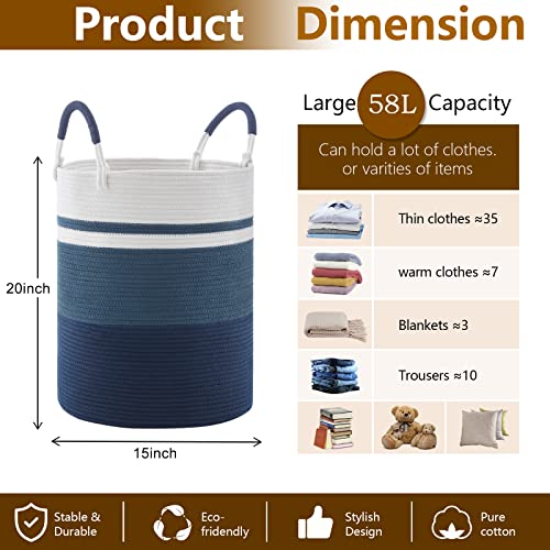 Sixdove Laundry Hamper, Large Woven Rope Laundry Basket With Handles, Decorative Storage Basket For Clothes And Toys In Living Room, Bedroom, 15" X 20", Navy Blue & White #TOP4