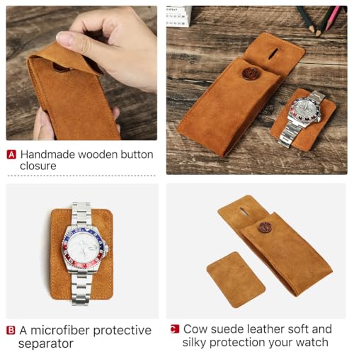 Image of CONTACT'S FAMILY Genuine Cow Suede Leather Watch Pouch, Travel Storage Case for 1 Watch with Wooden Button Closure & Microfiber Separator, Vintage Portable Organizer (Brown)