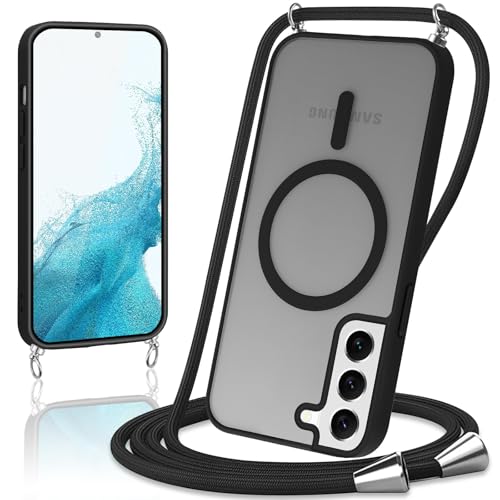 Knrlqim Handyband für Samsung Galaxy S22 5G mit Band Matt Magnetisch Handyhülle Kompatibel mit Mag Safe Transluzente PC + TPU Stoßfest Schutzhülle mit Abnehmbar Kordel zum Umhängen Case Cover Schwarz