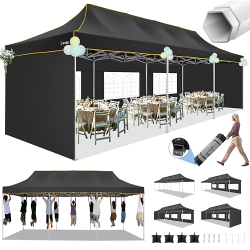 Image of HOTEEL 10x30 Heavy Duty Pop Up Canopy Tent with 5 Sidewalls&Wheeled Bag, Commercial Event Party Tent Wedding Instant Canopy Waterproof, Upgraded Thicked Hexagonal Legs, UV 50+, Black