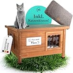 MIEZ MAGIC Katzenhaus Outdoor Winterfest isoliert - Robustes Katzenhaus für draussen aus Fichtenholz - Wasserdicht & isoliert mit Dachscharnier - Komfort Katzenhütte inkl. Katzenkissen 67x53x43cm