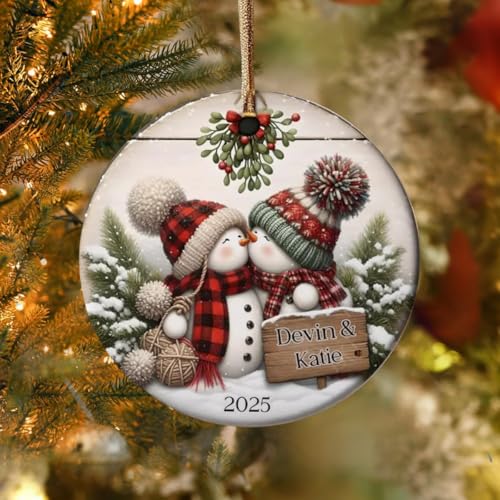 Customizable Kissing Snowman Couple Ceramic Ornament – Personalized Holiday Keepsake for Newlyweds, Engagements, and First Christmas Celebrations - Image 3