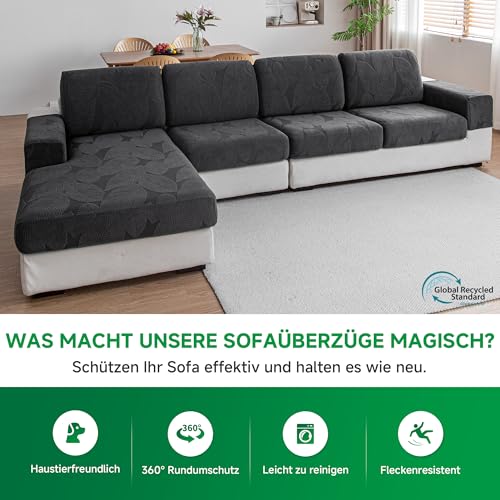 OHSIO Sofa Überzug – Universeller elastischer Sofabezug für Sitzkissen, rutschfest, waschbar & pflegeleicht, ideal für Sofa-Schutz(Dunkelgrau/Blattmuster, 1x Sitzbezug L)