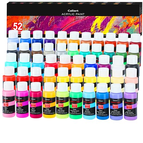 Caliart Acrylic Paint Set, 52 Colors Art Supplies Craft Paints Water Proof, Premium for Adults Artists, Canvas Pumpkin Ceramic Rock Painting Kit