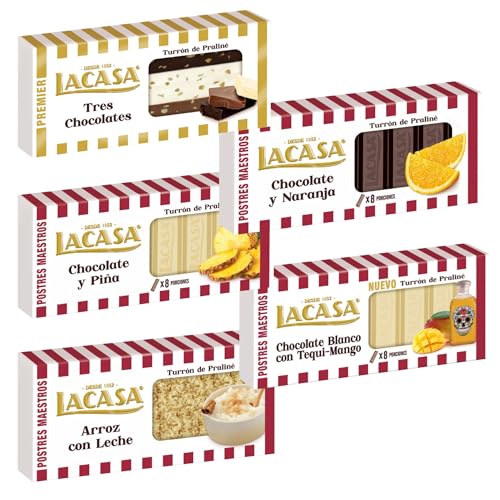 Pack Surtido 5 Turrones Lacasa:Arroz con Leche, Blanco con Tequi Mango, Chocolate y Naranja, Cacao y Piña, Tres Chocolates