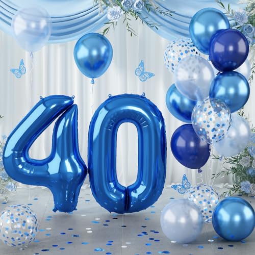 Image of Large Foil Number 40 Balloons, Big Light Navy Blue 40 Helium Balloon with Metallic Silver Confetti Balloon for Men 40th Birthday Party Decor, Mylar Self Inflating 40 Balloon for Graduation Decorations