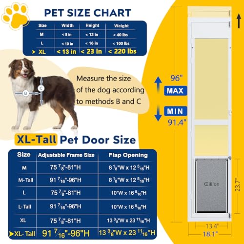 XLarge Openable Pet Door for Sliding Glass Doors, Adjustable 91 7/16" to 96" Slider Height, Extra Large Dog Door for Sliding Glass Door, All-Metal Framed & Panel & Lock -Extra Large Tall