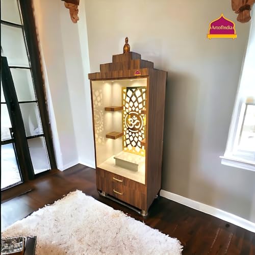 Image of Wooden Mandir, Designer Mandir for Home, Office, Golden Jali, White Colour, 18 mm Board (Brown)