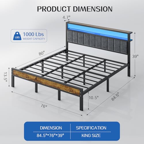 Image of Liians King Size Platform Bed Frame with LED Lights, Grey Upholstered Headboard with 2-Tier Storage Shelves, Charging Station, Noise Free, No Box Spring Needed, Easy Assemably
