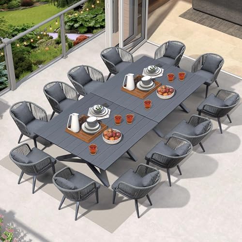 Image of PURPLE LEAF 14 Pieces Patio Dining Set Wicker Outdoor Furniture Oversize Rectangular Table and Chairs Set for Garden Deck Aluminum Frame Backyard Kitchen Set, Cushions and Pillows Included Grey