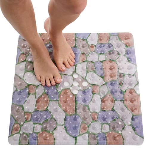 Image of ENKOSI Square Shower Mat 21x21 inch - Anti Slip Shower Stall Floor Mat - Non Slip Shower Mats with Strong Secure Suction Cups and Drain Holes in Middle (21x21 Stone Path)