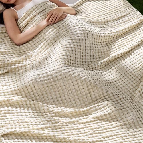 Image of Bedsure Cooling Cotton Waffle Queen Size Blanket - Lightweight Breathable Soft Blanket of Rayon Derived from Bamboo for Hot Sleepers, Luxury Throws for Bed, Couch and Sofa, Linen, 90x90 Inches
