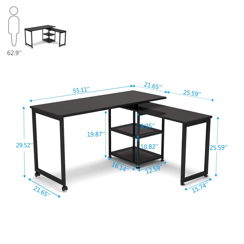Tribesigns Reversible LShaped Desk with Storage Shelves, 360° Free