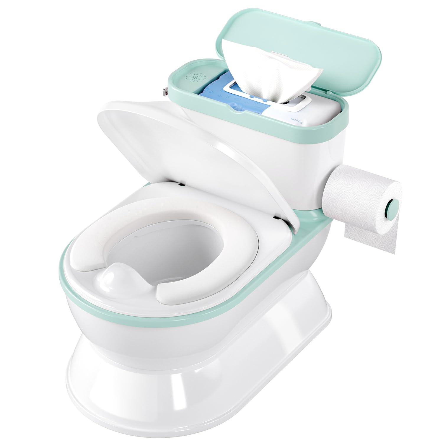 Photo 1 of CheerTry 2-in-1 Toddler Potty Training Toilet - Larger Potty Chair & Detachable Training Seat for Boys & Girls Ages 1-3 with Flushing Sound, Wipes Storage, Toilet Paper Holder - Cyan