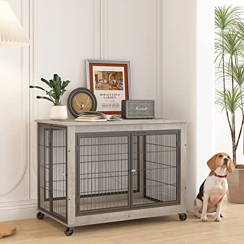 IchbinGo-Wooden-Dog-Crate-Furniture-385-Dog-Kennel-with-3-Doors-Flip-up-Top-Opening-and-Wheels-Decorative-Pet-Crate-Dog-House-for-LargeMediumSmall-Dog-Indoor-Use-Rustic-Grey IchbinGo Wooden Dog Crate Furniture 385 Dog Kennel with 3 Doors Flip up Top Opening and Wheels Decorative Pet Crate Dog House for LargeMediumSmall Dog Indoor Use Rustic Grey