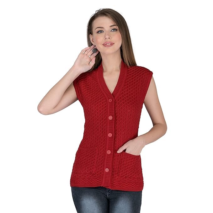 lady willington Women V-Neck Sleeveless Self Design Cardigan - Daffodil Fabric Winter Wear Pure Wool 100% Daffodil Wool Free Size Cotty Fully Warm with Front Pockets (Small, Maroon)-picture-56