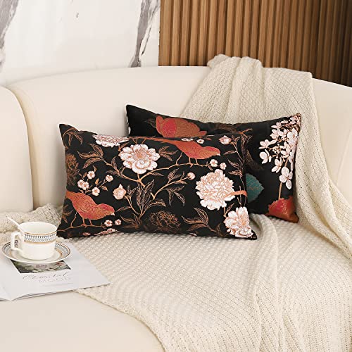 Dadafisher Golden Print Velvet Decorative Throw Pillow Covers 12X20 Inch, Vintage Bird Floral Outdoor Indoor Lumbar Cushion Case, Home Decor Couch Accent Rectangle Pillowcases Pack Of 2 #TOP1