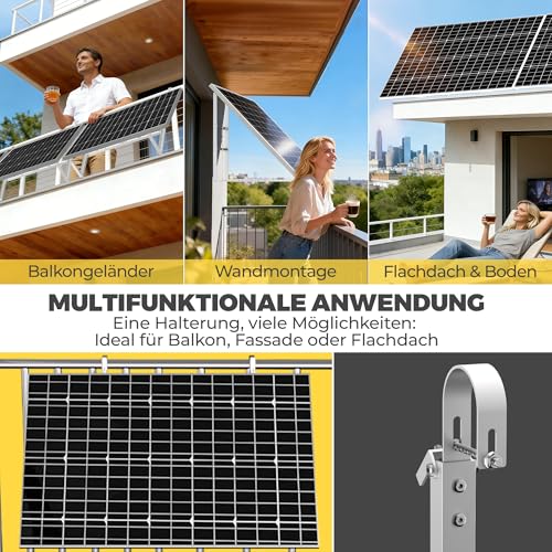 GLIESE Balkonkraftwerk Halterung | Solarmodulhalterung für 400W-550W - 15°-45° verstellbar aus stabilem Aluminium, inkl. Haken für rundes Geländer - Für Balkon, Flachdach, Wand (Silber)