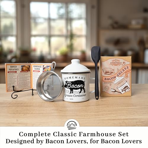 Image of Ayerphalo Bacon Grease Container with Strainer - With Food-Grade Silicone Spatula, 24oz Enamel Rustic Farmhouse Fat Container, Keeper, Recipes, Dishwasher Safe