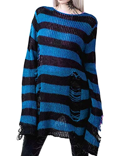 Women's Punk Gothic Sweater See Through Hole Ripped Striped Long Knit Pullover Dress Sweaters Shirt Black Blue Oversize OneSize2