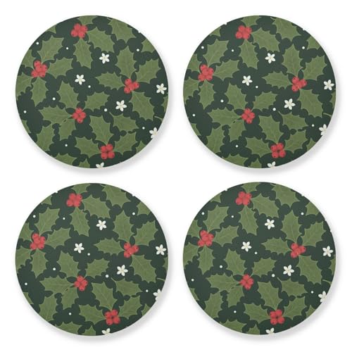 Set di 4 sottobicchieri rotondi in sughero, antiscivolo, con motivo natalizio con fiori di agrifoglio e bacche di agrifoglio, tovagliette da cucina per decorare la casa, bar, caffè
