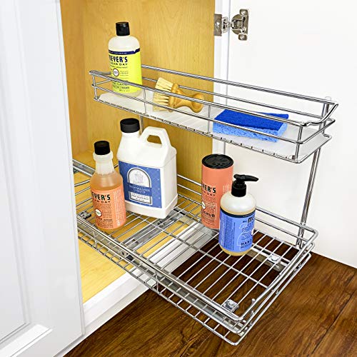 Lynk Professional Slide Out Organizer Pull Out Kitchen Cabinet Rack, 10w x 21d x 9.6h -inch, Chrome & Under Sink Cabinet Organizer Pull Out Two Tier Sliding Shelf, 11.5w x 21d x 14h-Inch, Chrome