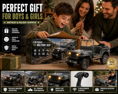Image of 1:12 Remote Control Willys Military Car, 2.4GHz 4WD Off Road RC Rock Crawler with Rechargeable Battery, LED Lights, All Terrain Remote Control Car for Kids & Adults (Multicolor)
