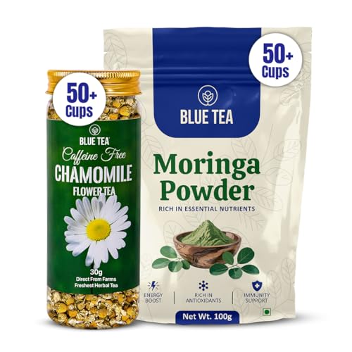 Image of BLUE TEA - Combo Pack - Chamomile Tea - 30 g - 50+ cups & Moringa Powder - 100 gm | For Stress Relief And Anxiety | Rich in Vitamins, Minerals & Amino Acids | Energy Booster | Zipper & Pet Jar
