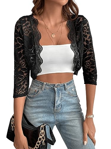 Image of SweatyRocks Women's Floral Lace 3 /4 Sleeve Open Front Short Jacket