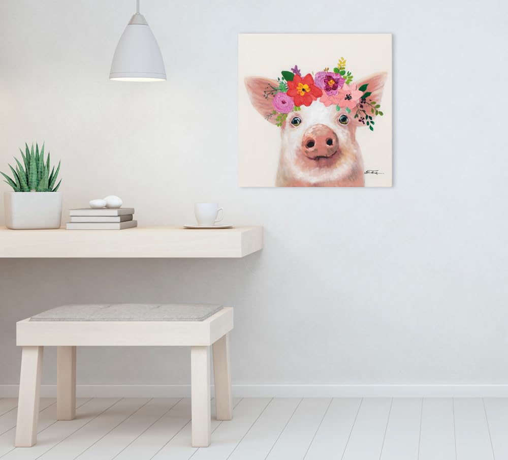 Art Universe Leinwandbild Schweinchen mit Blumen 50x50 cm Handgemaltes Acrylbild auf Echtholzrahmen Modernes Tierporträt