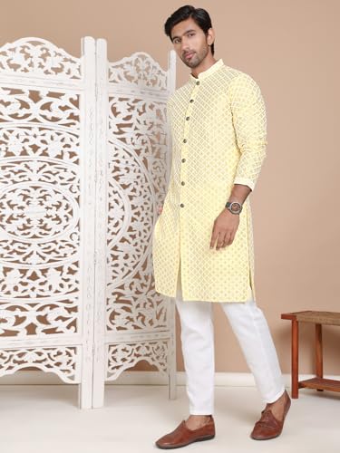 Image of Jompers Men's Silk Blend Regular Fit Sequin Chikankari Front Open Kurtas