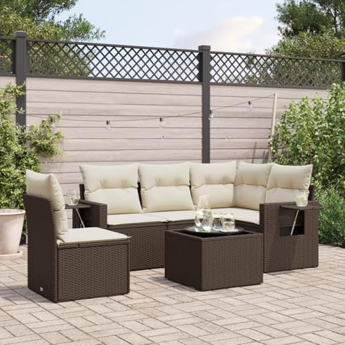 Homgoday Sofa Jardin Conjunto Rattan Garden Furniture Set sofás de jardín 6 Piezas y Cojines ratán sintético marrón Conjunto Jardin Exterior con Cojines con Mesa Marrón y Crema
