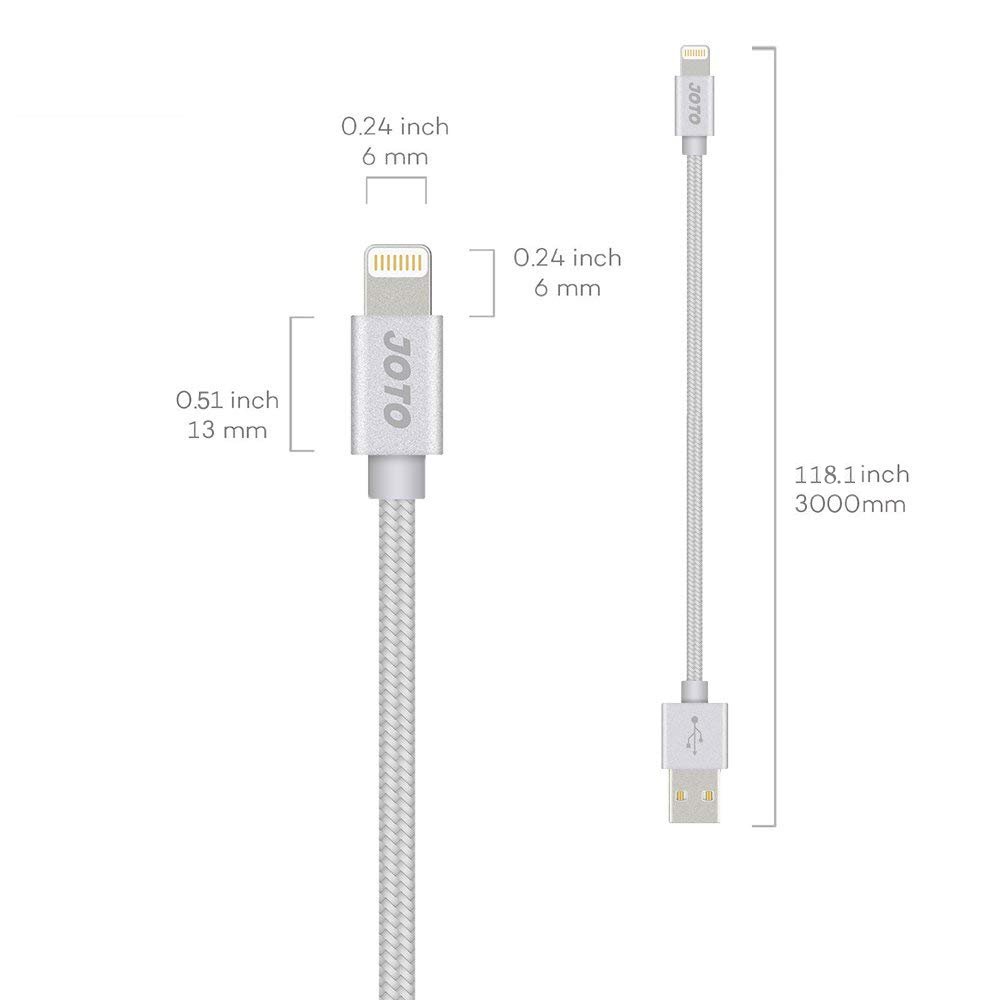 JOTO 10ft Lightning Cable Compatible with iPhone 13 Pro Max 13 Mini 12 11 XS XR X8 7 + SE 2020, iPad 10.2 9.7 Pro 10.5 12.9, [Heavy Duty Nylon Braided] Lightning Cable Data Sync Charge Cable -Silver