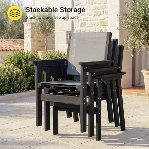Image of HDPE Outdoor Dining Chairs Set of 2 | Textilene Weather Resistant Patio Stackable Chairs for Garden, Backyard, Lawn and Poolside, Black