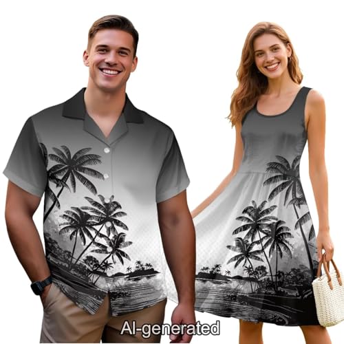 Image of Dreaweet Summer Dresses for Women A-Line Sleeveless Flowy Sun Dresses,Men's Casual Button-Down Shirts,Couple Matching Outfits