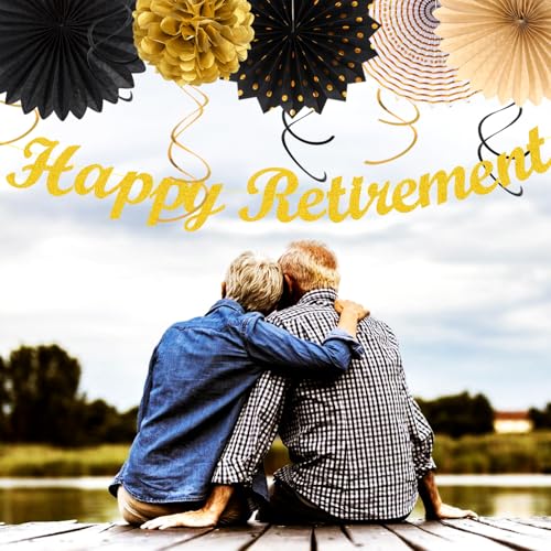 Image of Black Gold Happy Retirement Party Decorations Banner Women Men Huglony | 21pcs Retiree Farewell Banner,Streamers,Paper Lanterns,Pom Poms Fans,Work Teacher Retirement Supplies Backdrop