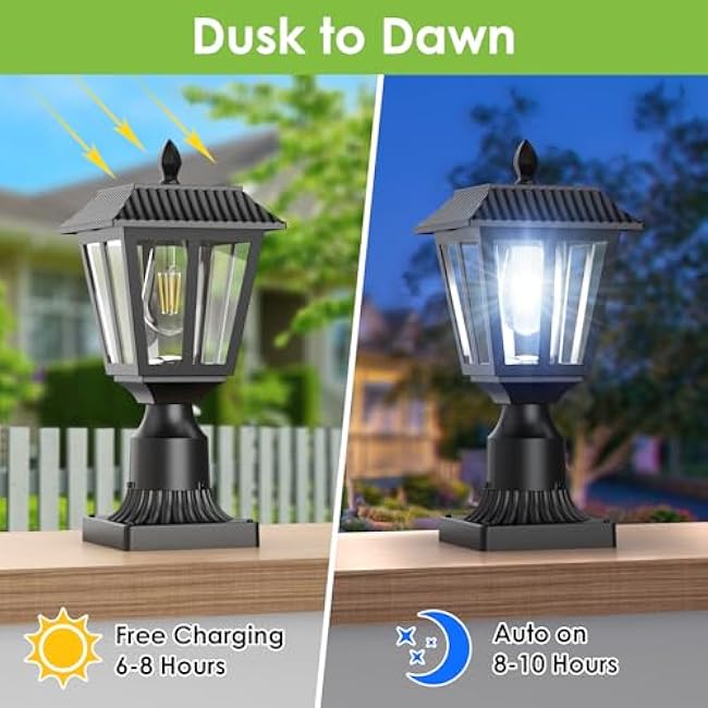 Greluna Solar Post Lamp Lights, 2 Pack 6000K Dusk to Dawn Solar Light with Pier Mount Base, Post Lights Outdoor Waterproof for Garden Yard Landscape Pole Pillar, Outside Decorative Lamp