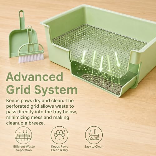 Image of Goaste Rabbit Litter Box with Steel Grids, 15.5 inch Large Bunny Litter Pan, Low Entry Bunny Potty Trainer Tray with Broom, Small Plastic Animal Bedding Toilet for Guinea Pigs Hamster Chinchilla, Green