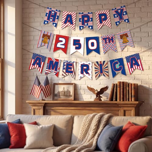 Image of 250th Anniversary Decorations - 250 Year USA Anniversary Banner | America 250th Merchandise Outdoor Indoor Outside - 4th of July Garland Accessories for Party Favors Supplies Window Wall Door