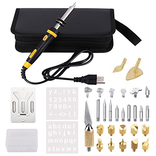 Full Set Wood Burning Kit, Pyrography Pen with LED Indicator Light + Various Wood Embossing/Carving/Soldering Tips +Stencil + Stand + Carrying Case (X)