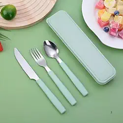 Kit Talheres Portáteis Inox 3 Peças Com Estojo – Colher Garfo Faca Para Marmita Trabalho Escola Viagem Sustentável-Verde